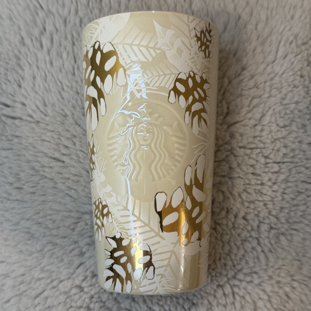 Starbucks 12 Oz Ceramic Travel Mug Gold Botanical Leaf Tumbler‎ w Lid
